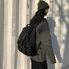 Preppy Students Backpack Large Capacity Button Travel Bag Solid