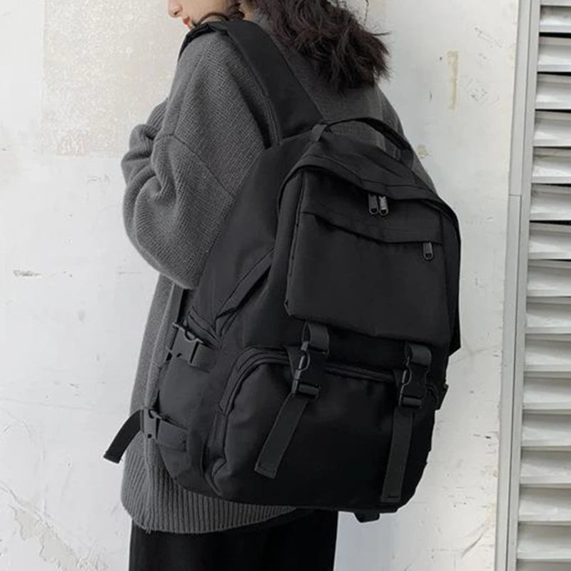 Preppy Students Backpack Large Capacity Button Travel Bag Solid Harajuku Retro