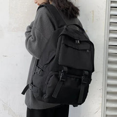 Preppy Students Backpack Large Capacity Button Travel Bag Solid Harajuku Retro