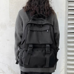 Preppy Students Backpack Large Capacity Button Travel Bag Solid Harajuku Retro