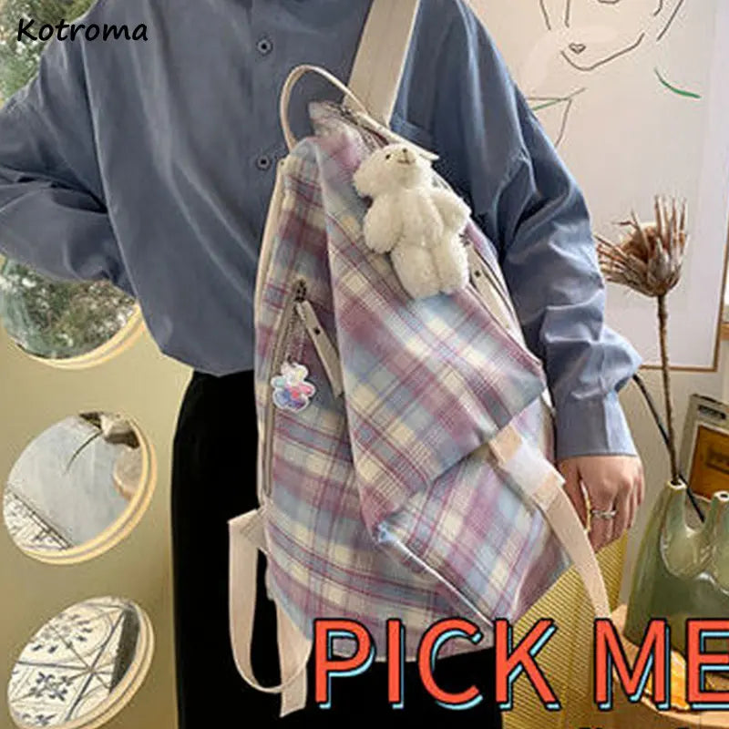 Women Plaid Nylon Backpack Waterproof Vintage Preppy Style Sweet Girls All-match