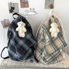 Women Plaid Nylon Backpack Waterproof Vintage Preppy Style Sweet Girls All-match