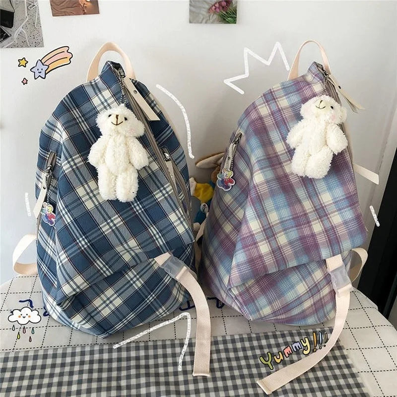 Women Plaid Nylon Backpack Waterproof Vintage Preppy Style Sweet Girls All-match
