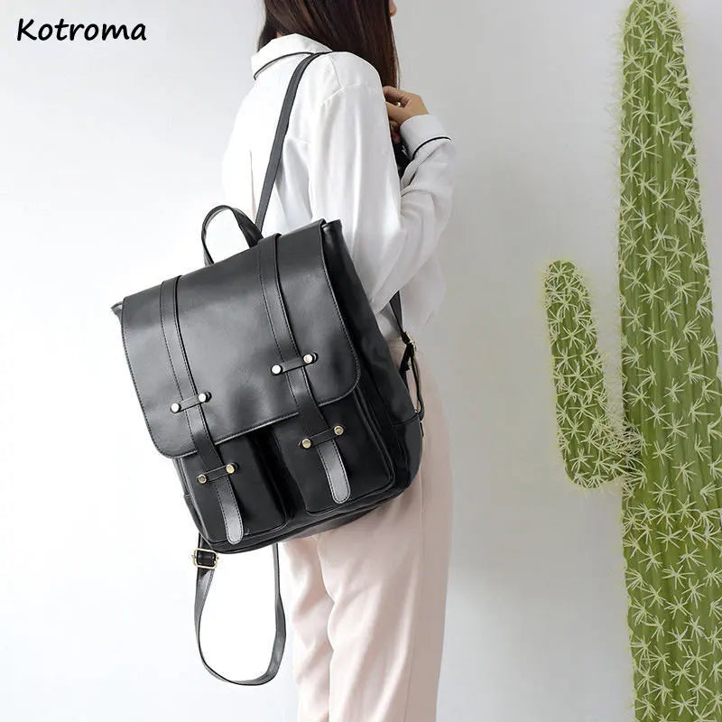 Retro PU Leather Backpack Large Capacity Harajuku Street Style
