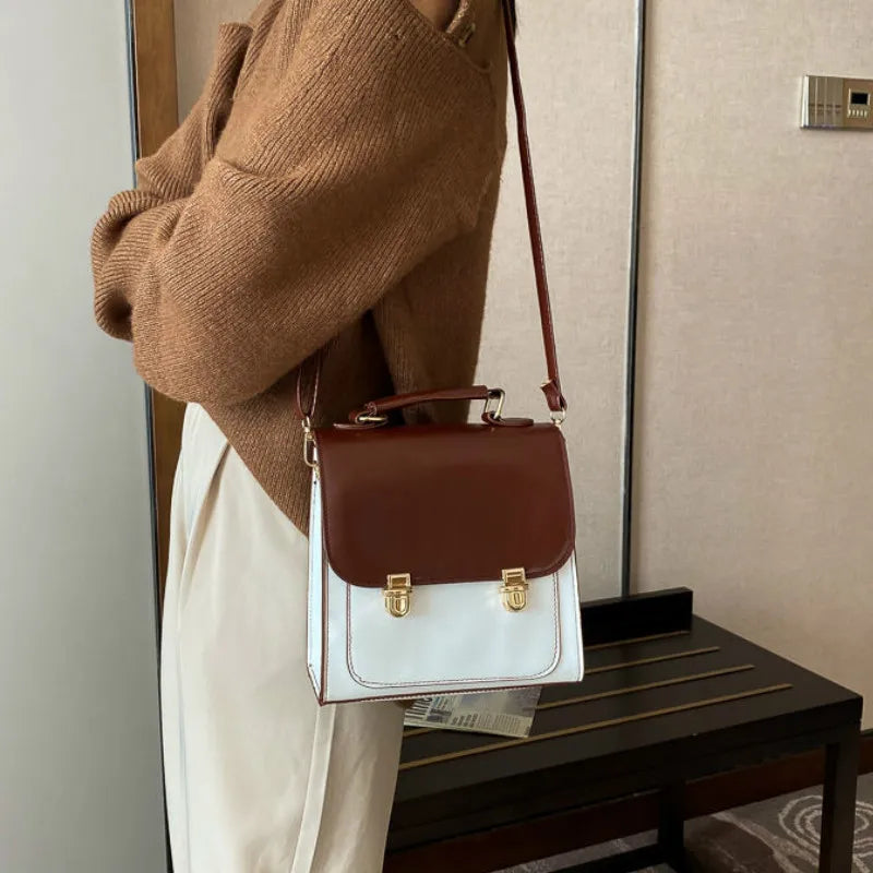Women Patchwork Lock Retro British Style College School Crossbody Bag