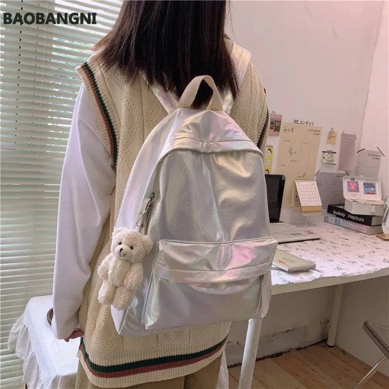 Reflective Girls Pink School Backpack Harajuku All-match Large Capacity PU Bag