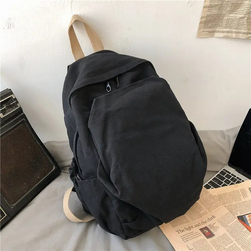 Canvas College Style Backpack Women Large Capacity Solid Zipper School Bag