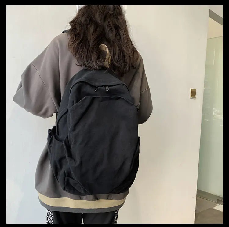 Canvas College Style Backpack Women Large Capacity Solid Zipper School Bag