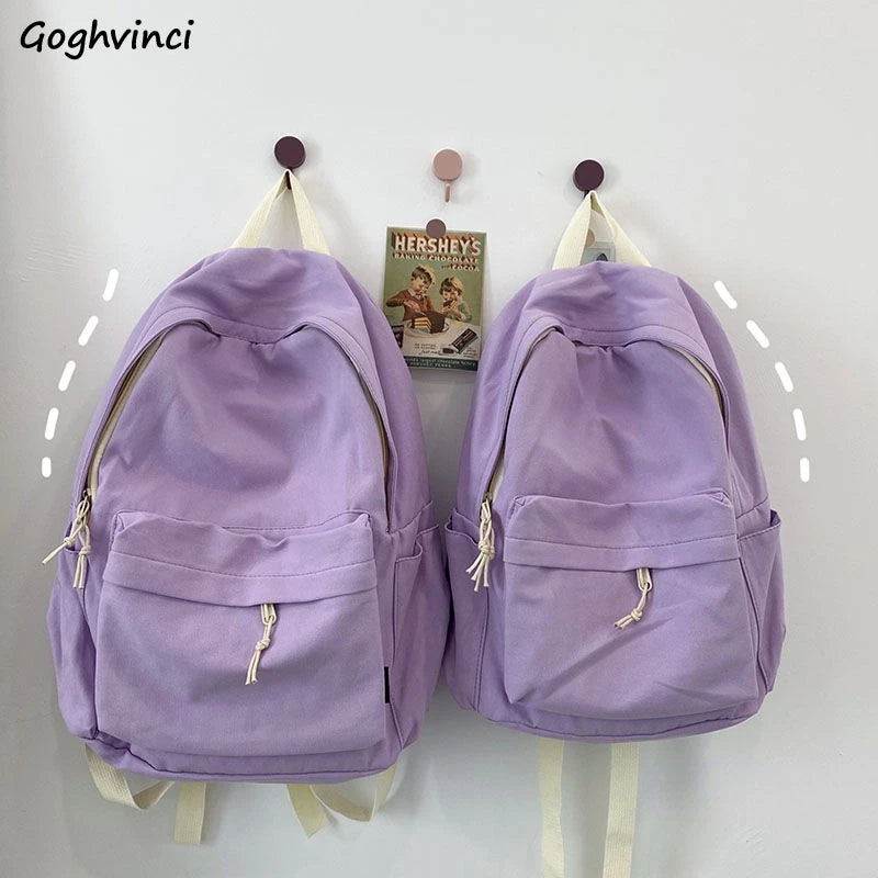 Canvas Backpack Women Solid Preppy Style Large Capacity Bag