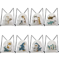 Student Casual Animation Backpack Drawstring Pocket Cat Shark Print