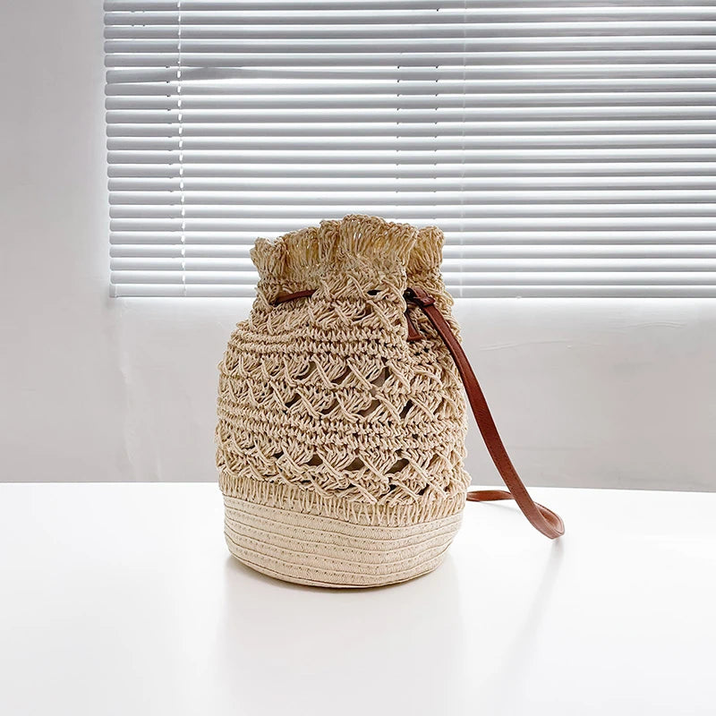 Summer Woven Bucket Bag Lady Beach Bags Drawstring Crossbody Bag