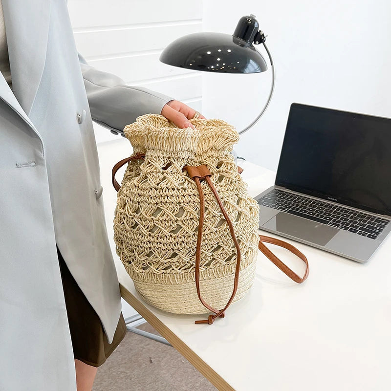 Summer Woven Bucket Bag Lady Beach Bags Drawstring Crossbody Bag