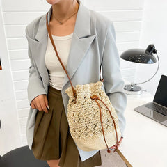 Summer Woven Bucket Bag Lady Beach Bags Drawstring Crossbody Bag