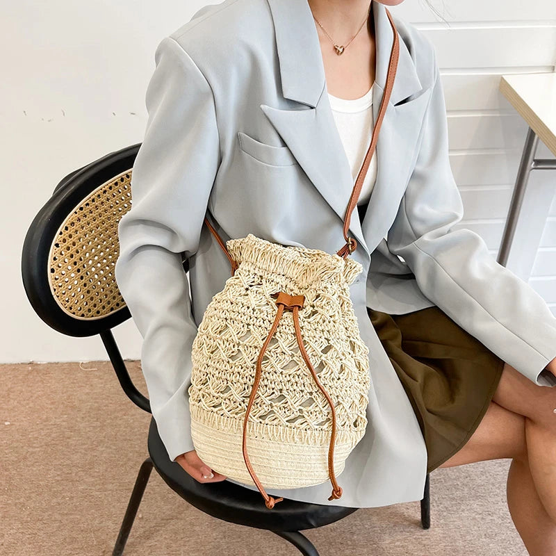 Summer Woven Bucket Bag Lady Beach Bags Drawstring Crossbody Bag