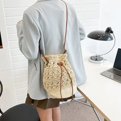 Summer Woven Bucket Bag Lady Beach Bags Drawstring Crossbody Bag