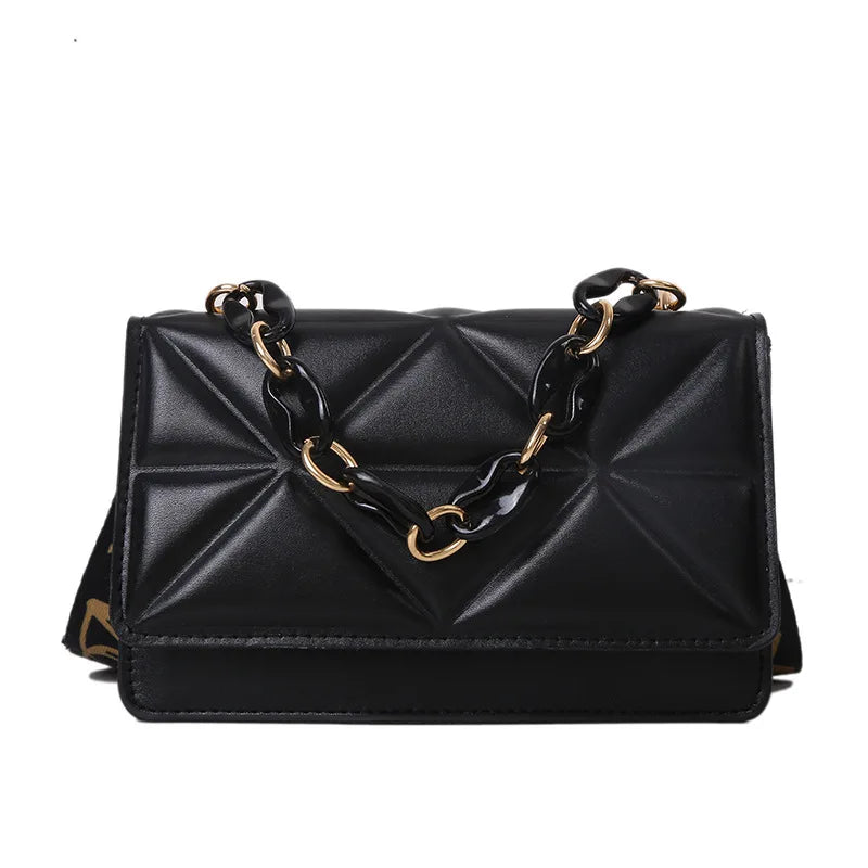 Woman Diamond Chain Solid Texture One Shoulder Cross-Body Small Square Bag