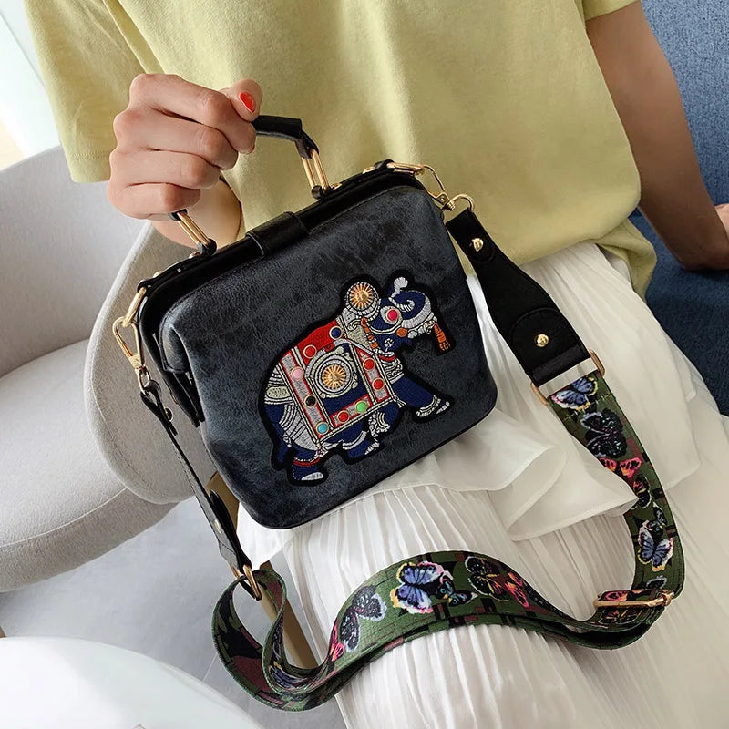 Retro Embroidery Shoulder Bag Wide Strap Crossbody
