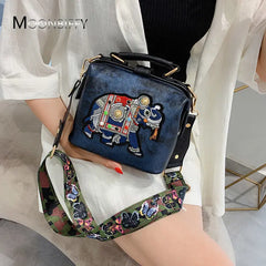 Retro Embroidery Shoulder Bag Wide Strap Crossbody
