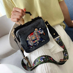 Retro Embroidery Shoulder Bag Wide Strap Crossbody