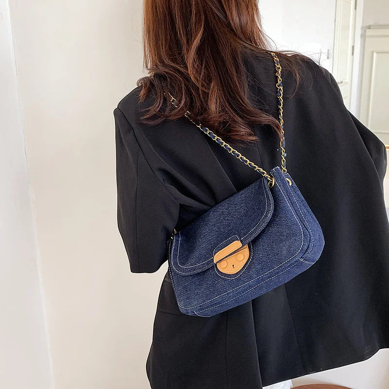 Women's Denim Canvas Small Square Bag with Chain Crossbody Strap