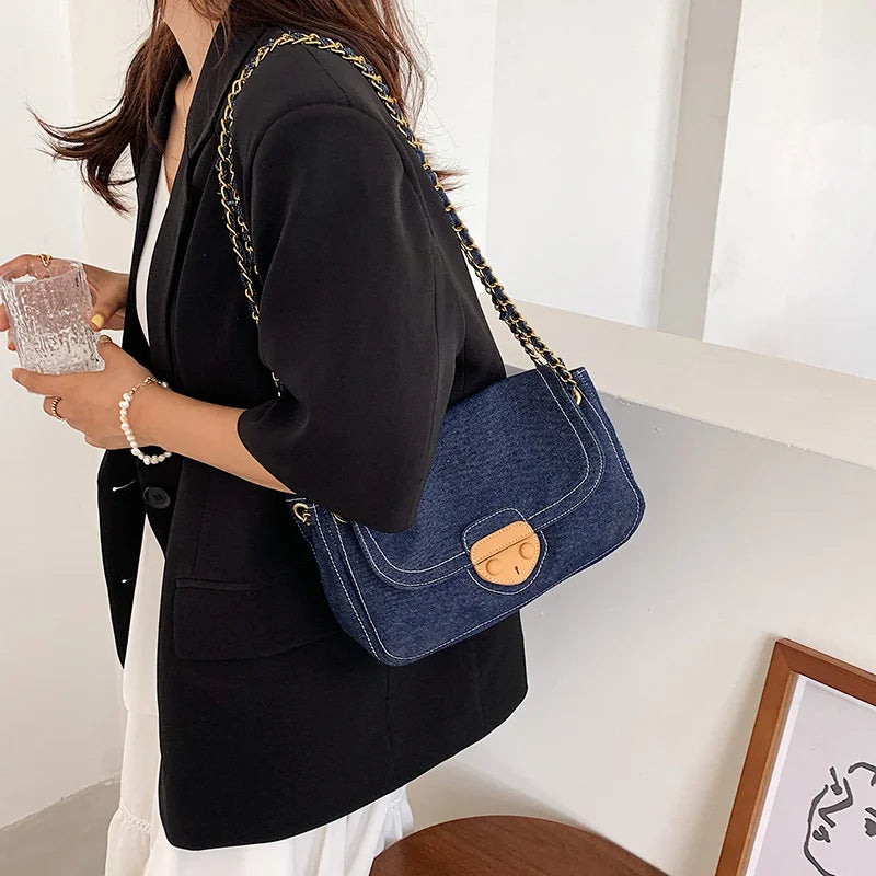 Women's Denim Canvas Small Square Bag with Chain Crossbody Strap