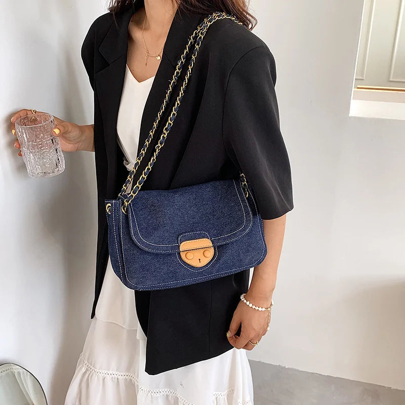Women's Denim Canvas Small Square Bag with Chain Crossbody Strap