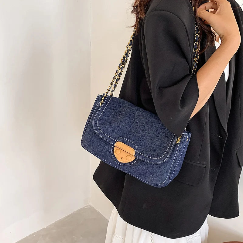 Women's Denim Canvas Small Square Bag with Chain Crossbody Strap