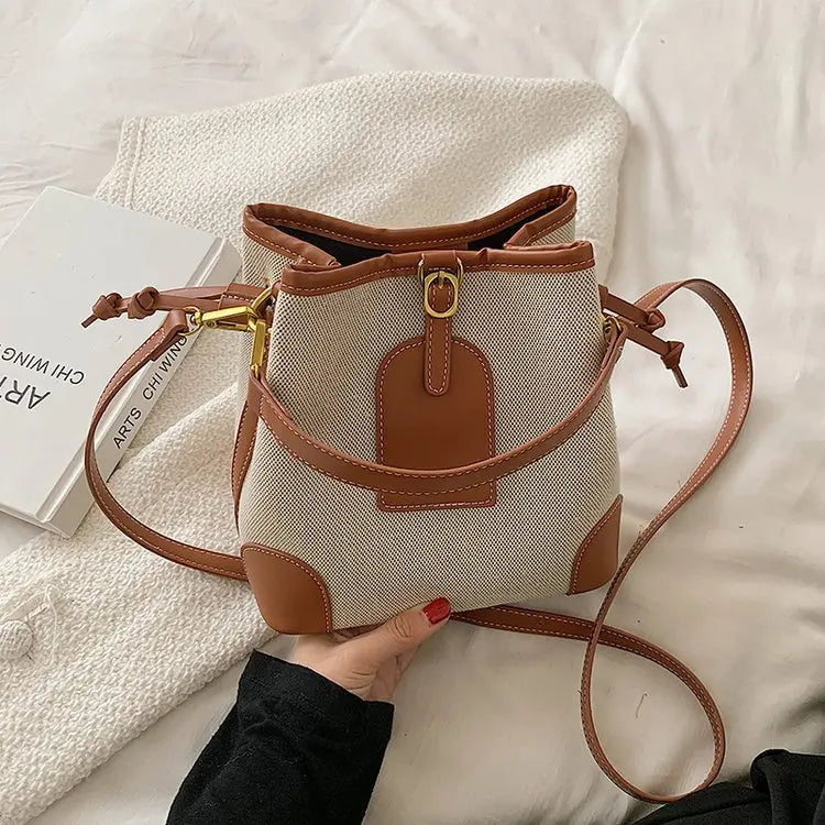 Canvas Bucket Bag Contrast Texture Messenger Shoulder Bag