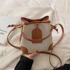Canvas Bucket Bag Contrast Texture Messenger Shoulder Bag