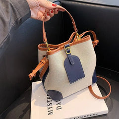 Canvas Bucket Bag Contrast Texture Messenger Shoulder Bag