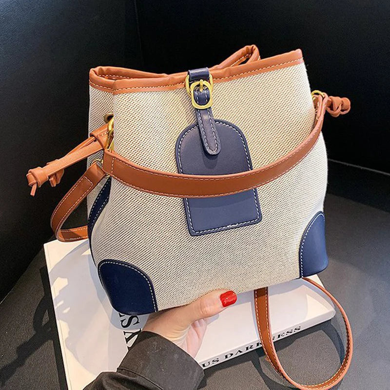 Canvas Bucket Shoulder Bag Contrast Texture Messenger Bag