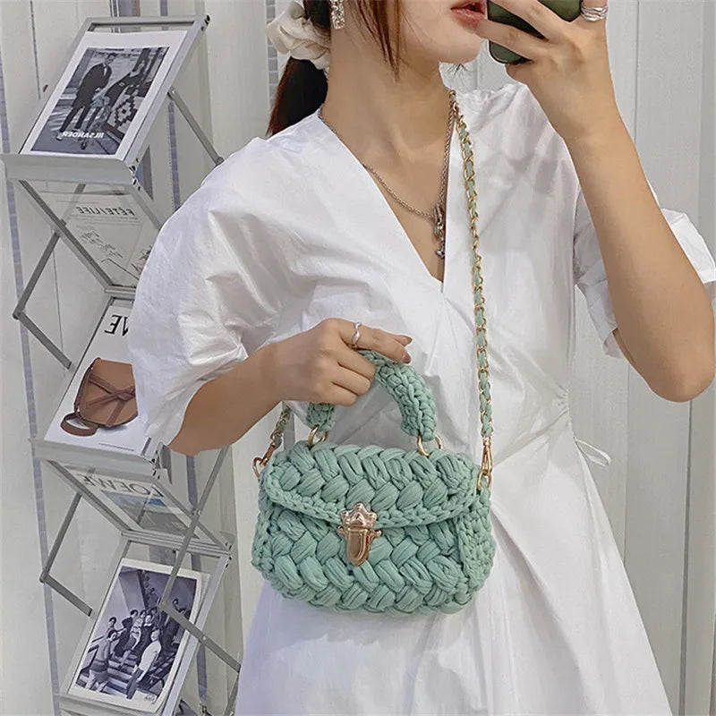 Hand Woven Chain Lock Cloth Bar Crochet Bag Women's Shoulder Bag