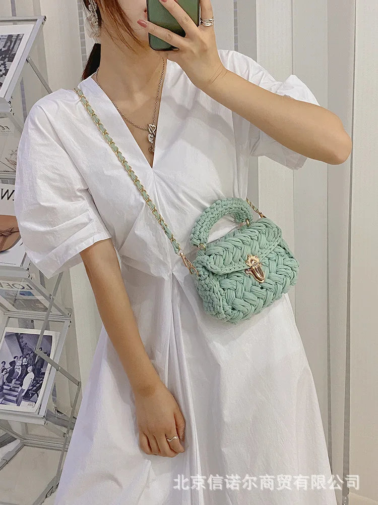 Hand Woven Chain Lock Cloth Bar Crochet Bag Women's Shoulder Bag