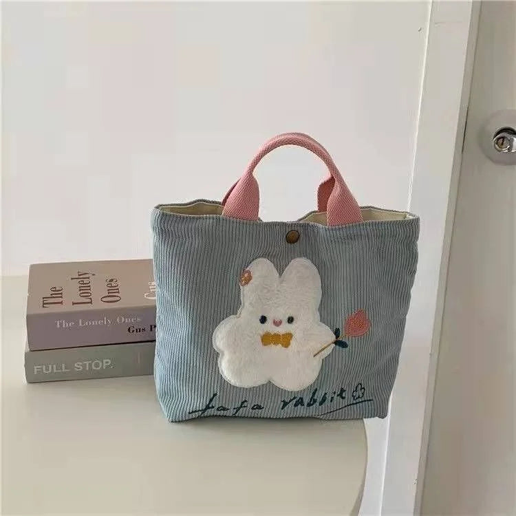 Girls Rabbit Handheld Sail Bag Corduroy Embroidery Handbag Shoulder Bag