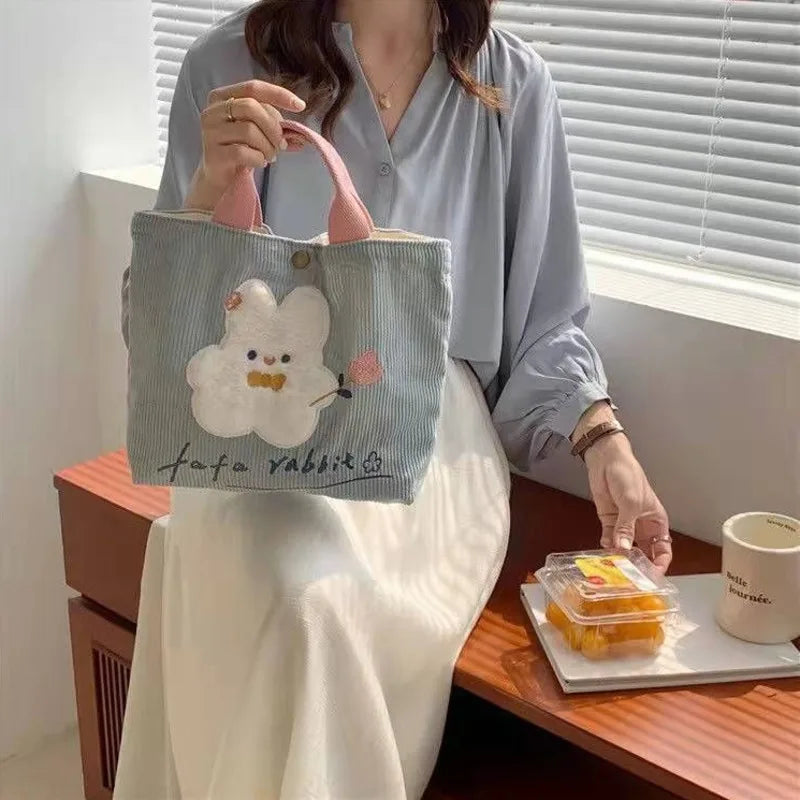 Girls Rabbit Handheld Sail Bag Corduroy Embroidery Handbag Shoulder Bag