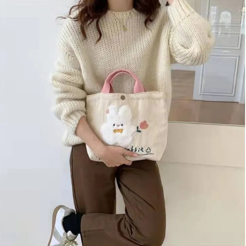 Girls Rabbit Handheld Sail Bag Corduroy Embroidery Handbag Shoulder Bag
