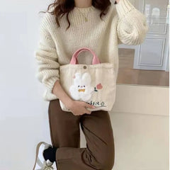 Girls Rabbit Handheld Sail Bag Corduroy Embroidery Handbag Shoulder Bag