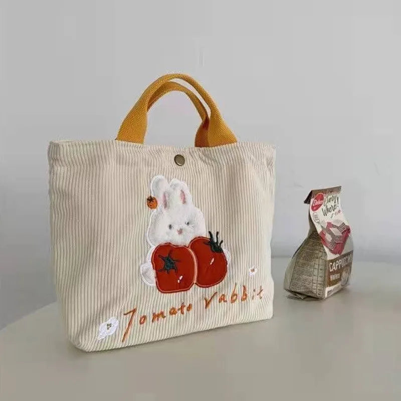 Girls Rabbit Handheld Sail Bag Corduroy Embroidery Handbag Shoulder Bag