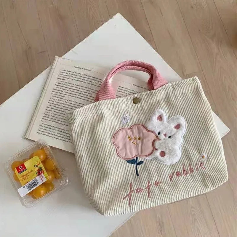 Girls Rabbit Handheld Sail Bag Corduroy Embroidery Handbag Shoulder Bag