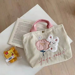 Girls Rabbit Handheld Sail Bag Corduroy Embroidery Handbag Shoulder Bag