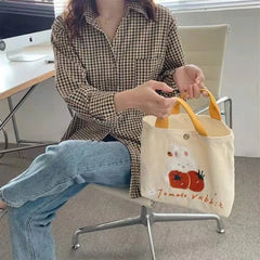 Girls Rabbit Handheld Sail Bag Corduroy Embroidery Handbag Shoulder Bag