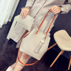 Women PU Leather Bucket Shoulder Bag with Small Handbag
