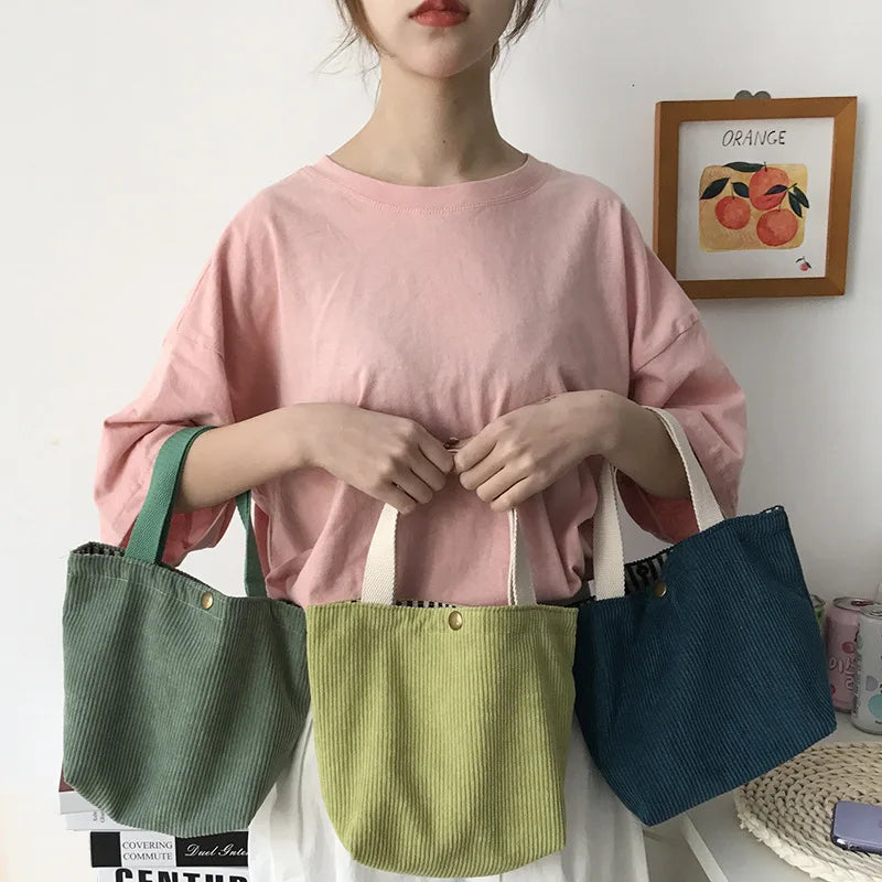 Corduroy HandBags Reusable Lunch Bags Casual Tote for Women