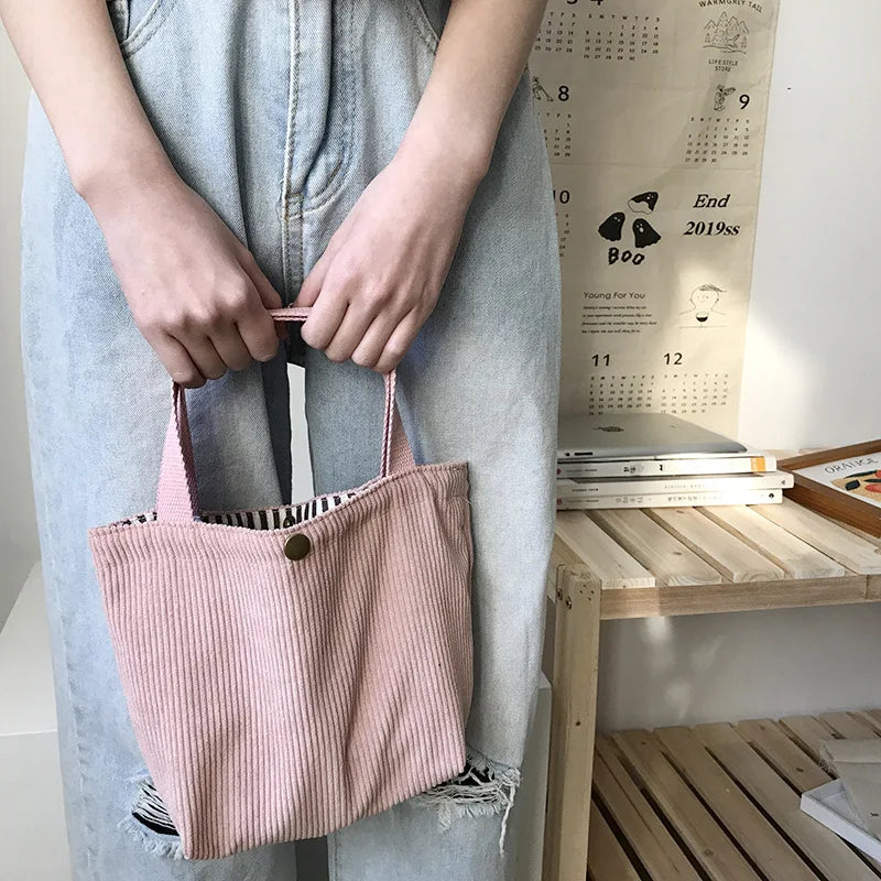 Corduroy HandBags Reusable Lunch Bags Casual Tote for Women