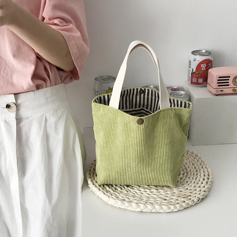 Corduroy HandBags Reusable Lunch Bags Casual Tote for Women