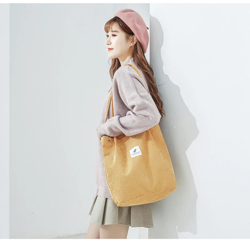 Women Corduroy Shoulder Bag Casual Tote Handbag Reusable Large Shopper
