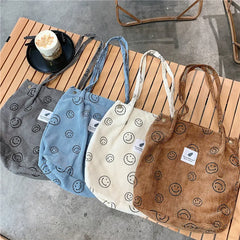 Corduroy Snap Button Shoulder Bag Large Capacity Tote Handbag