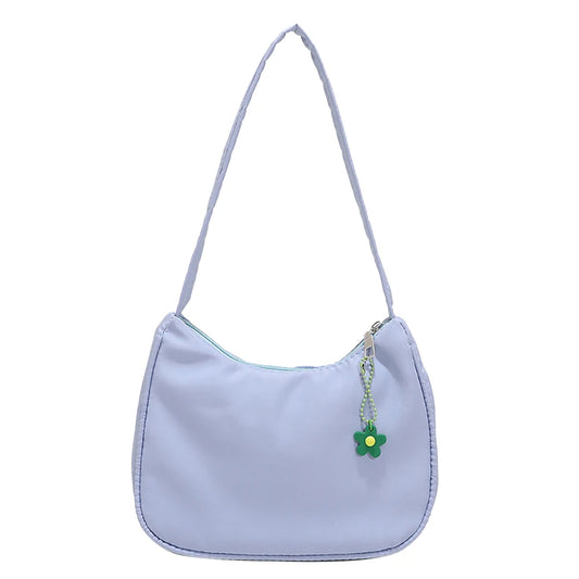 Nylon Underarm Bags Female Casual Shoulder Handbags with Flower Pendant