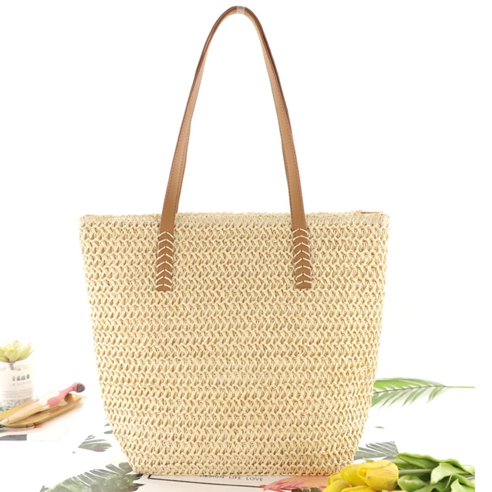 Women's Summer Hand-woven Beach Bag Large Capacity Top-handle Handbag