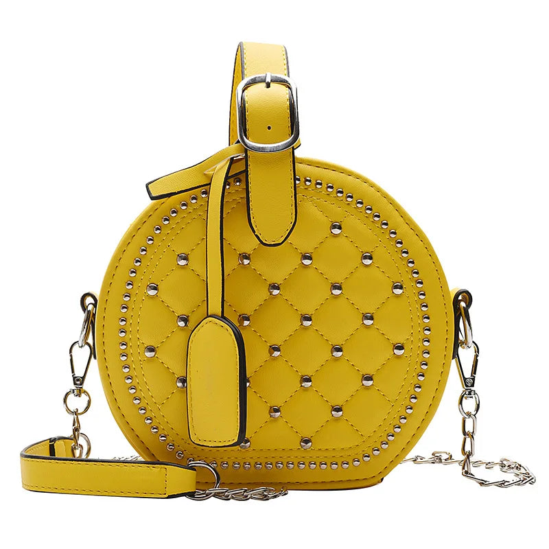 Women PU Leather Solid Rhombic Rivet Small Round Bag Cross Body Bag